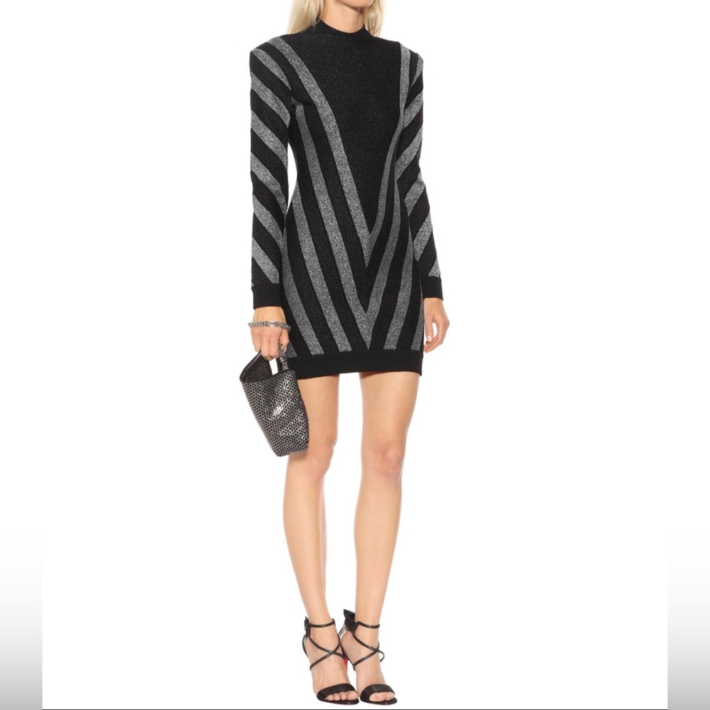 Balmain Black Striped Patterned Lurex Knit Mini Bodycon Dress